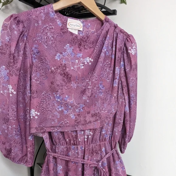 Vintage 70's Purple Flowy Floral Bib Cottage Core Midi Amy-Deb Dress Made in USA - Picture 2 of 16